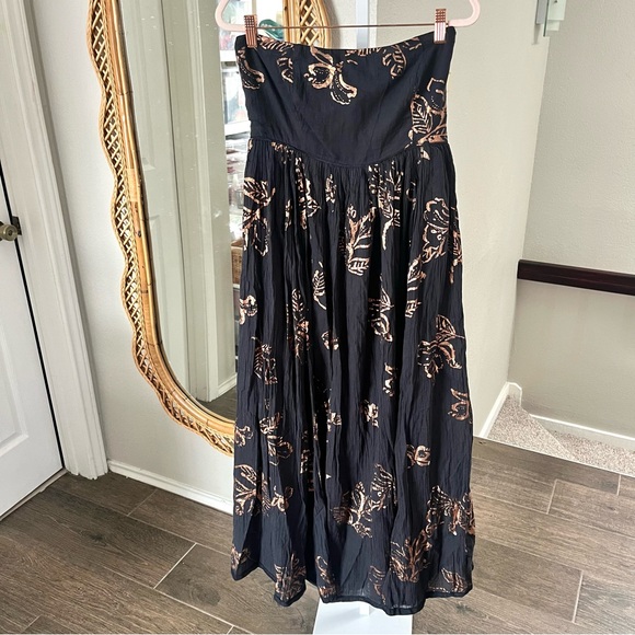 Free People / Baja Babe Black Floral Print Strapless Tie-Back Midi Dress - Picture 11 of 16